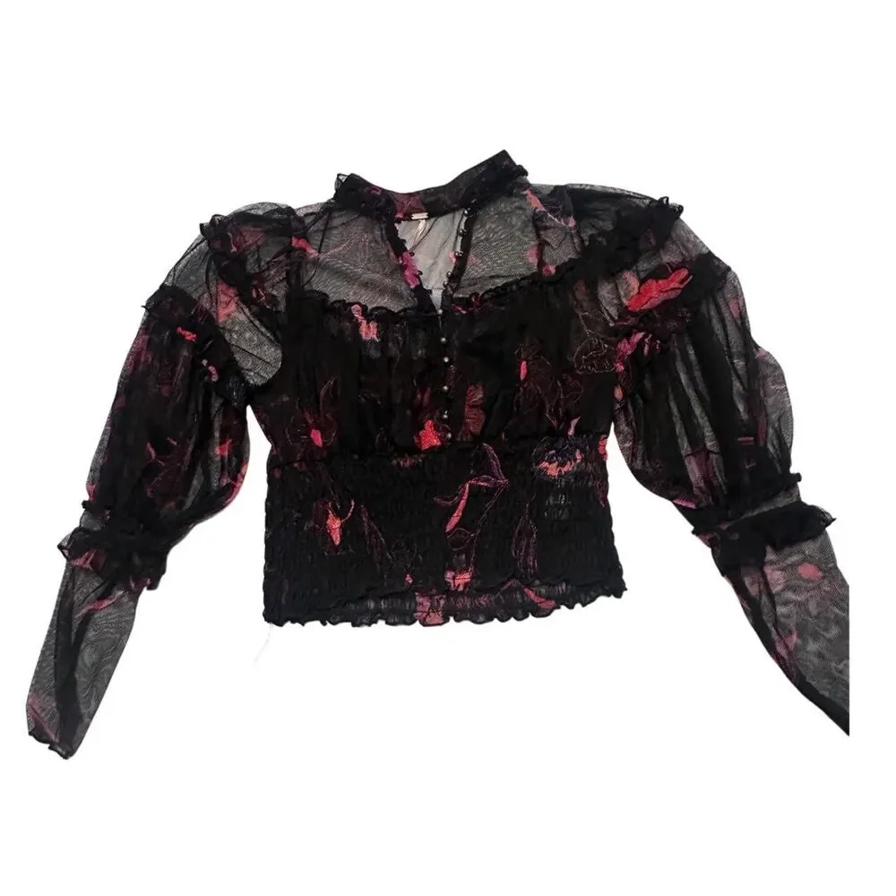 Free People Women’s Sheer Floral Rudfled Buttons Blouse Size XS - Picture 3 of 5